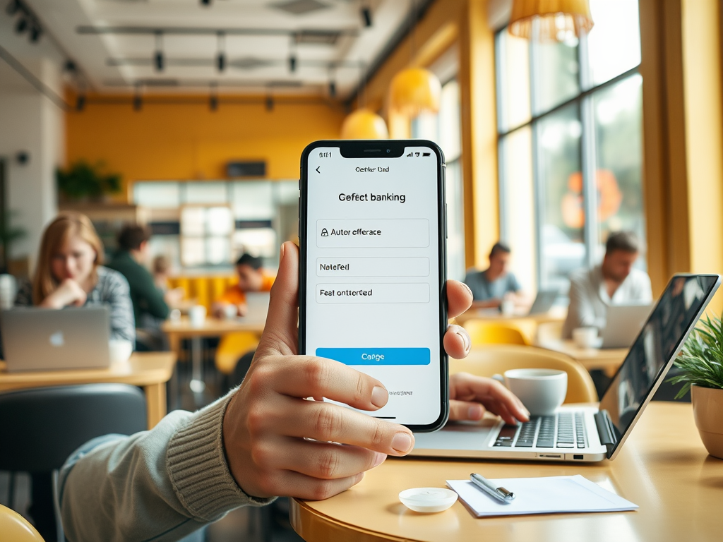 На изображении человек использует смартфон для онлайн-банкинга в кафе. Люди работают за ноутбуками.